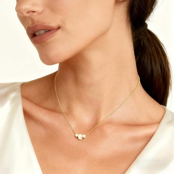 Women's 3 Gold Pearl Necklace 14k Gold Plated Dainty Pearl Necklace Choker - Picture 2 of 7